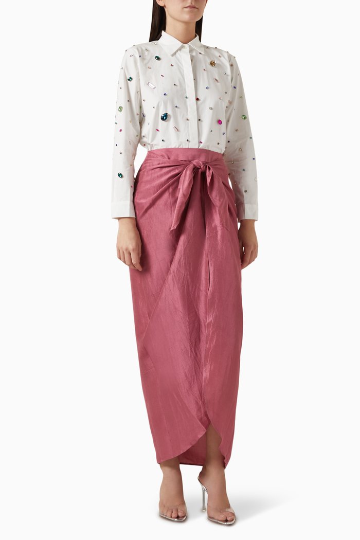 

Sherlyn Embellished Shirt & Skirt Set in Poplin & Silk, Pink