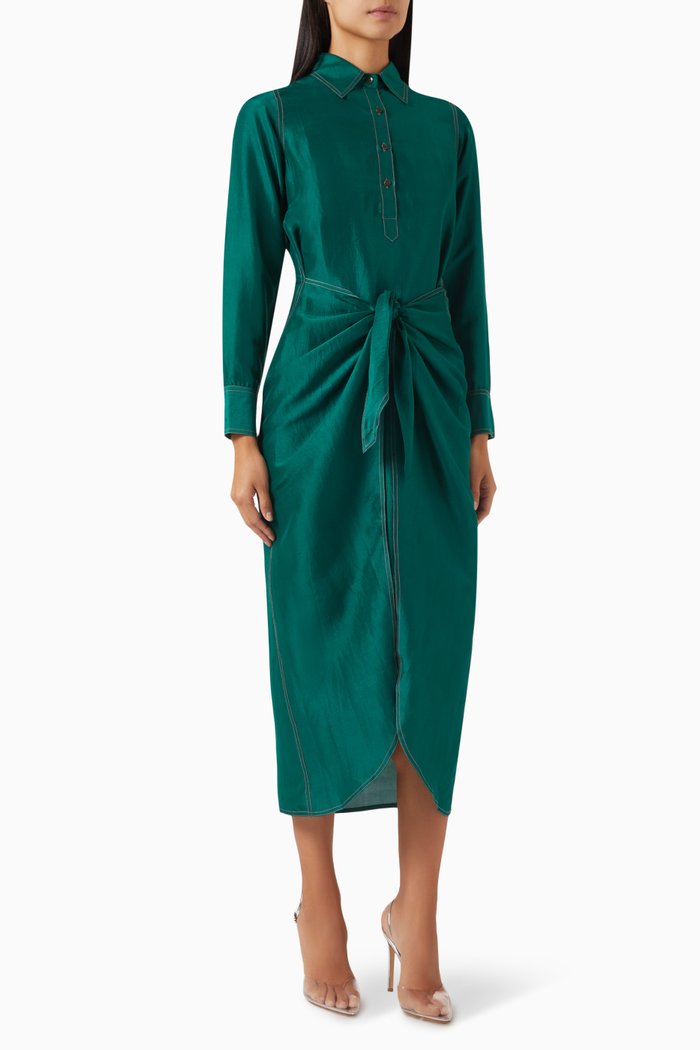 Opal Tie-front Midi Dress in Silk, Green