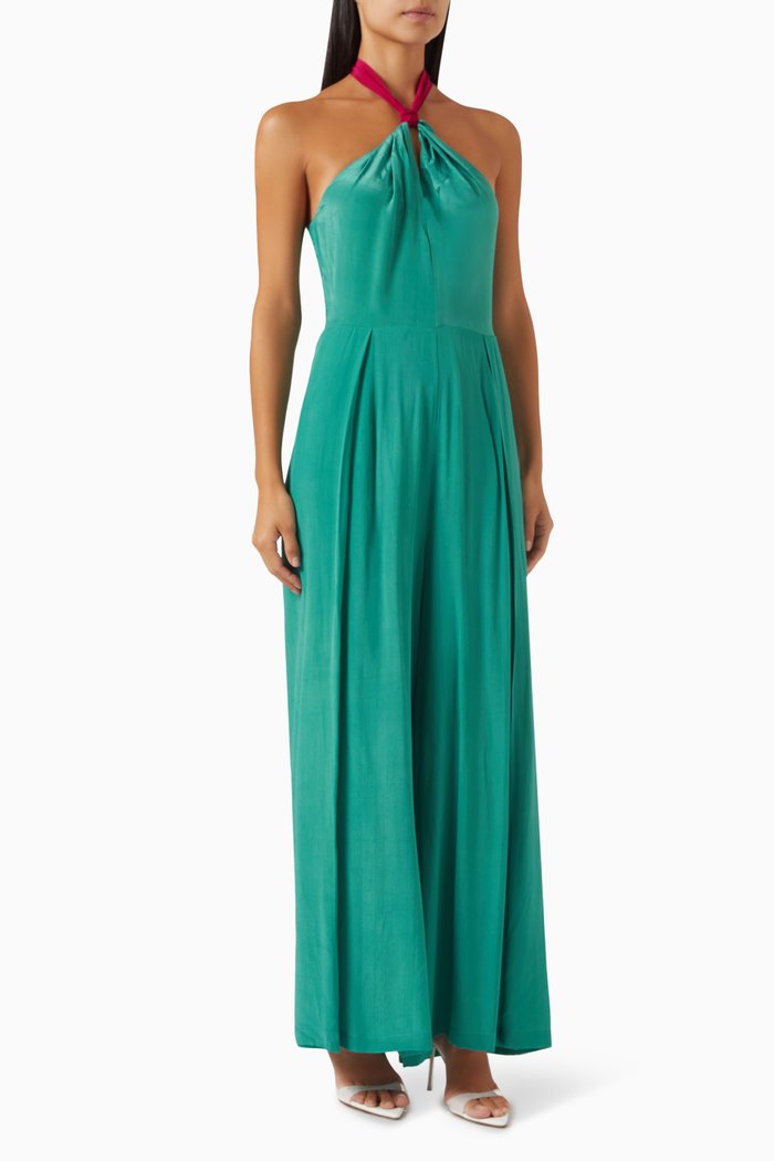 

Julia Halter-neck Jumpsuit in Satin, Blue