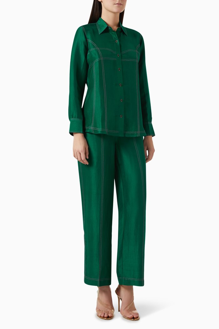 Darcy Shirt & Pants Set in Silk, Green