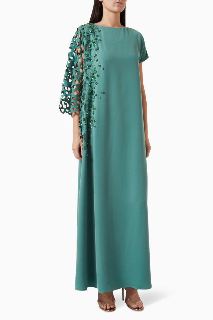 

Cut-out Beaded Kaftan in Crêpe, Green
