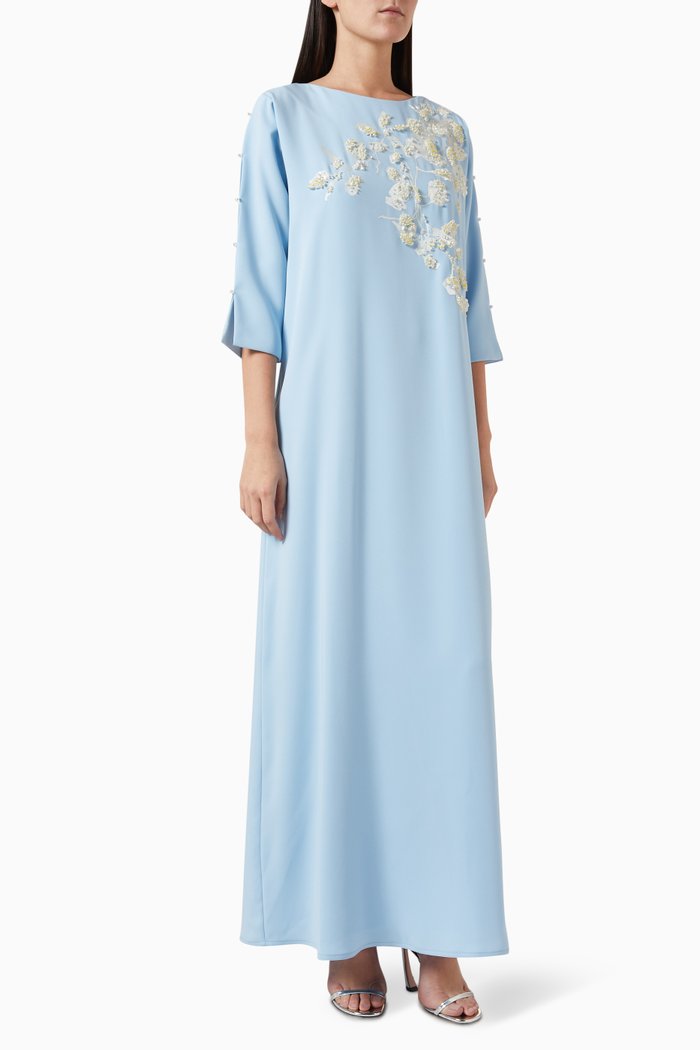 

3D Floral-embellished Kaftan in Crepe, Blue