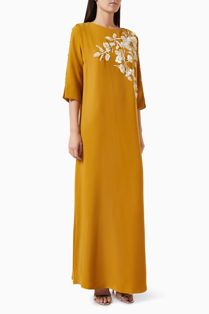 

3D Floral-embellished Kaftan in Crepe, Yellow