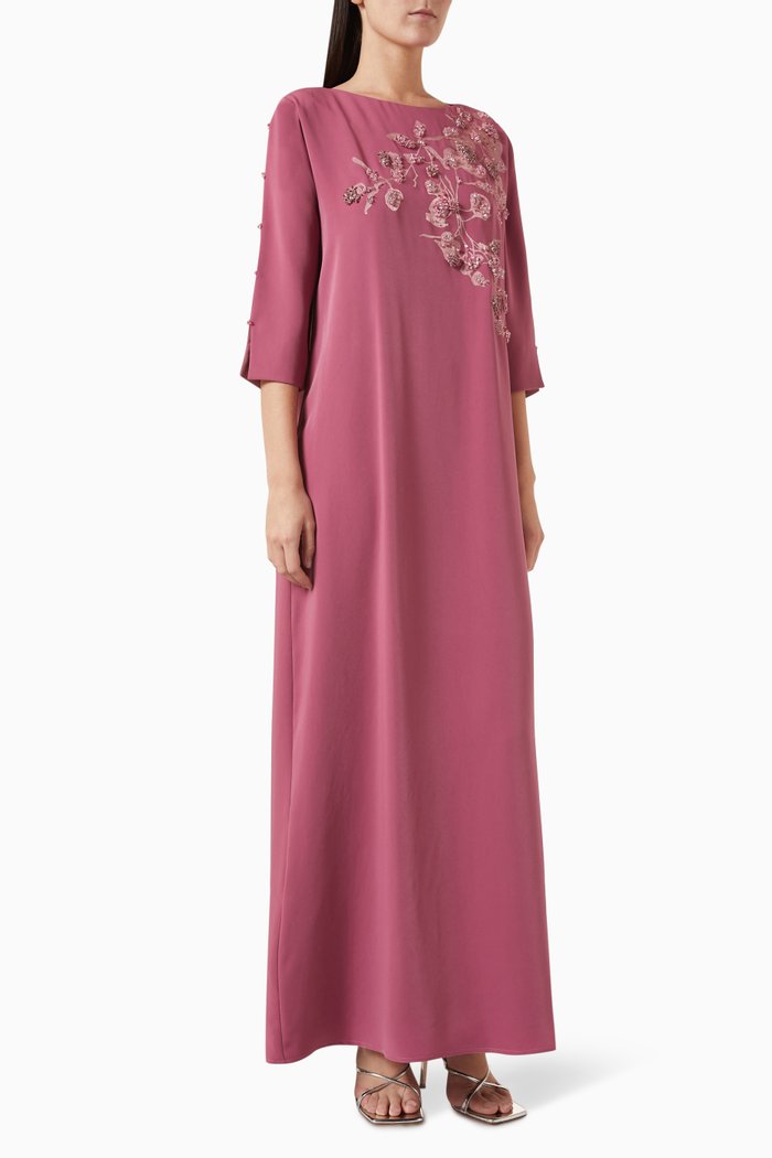 

3D Floral-embellished Kaftan in Crepe, Pink