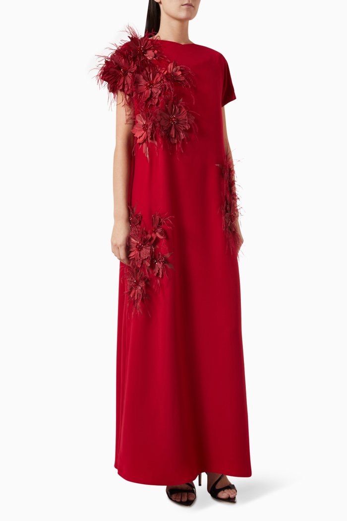 

3D Floral-appliqué Kaftan in Crepe, Red