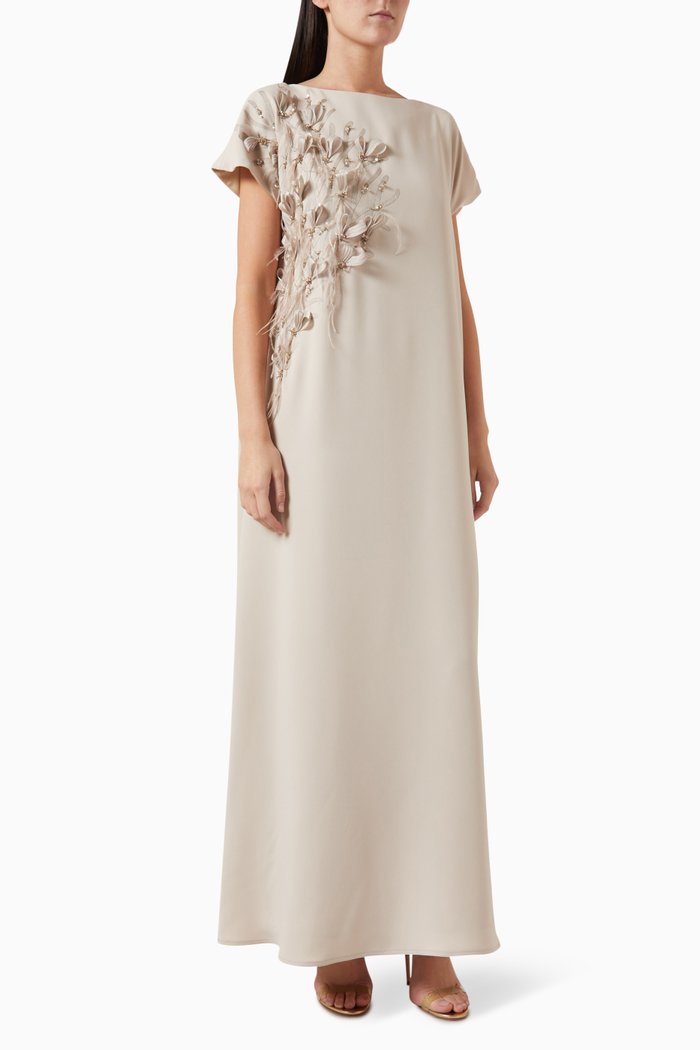 

3D Floral-appliqué Kaftan in Crepe, Neutral