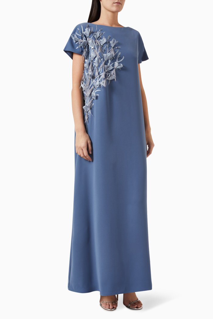 

3D Floral-appliqué Kaftan in Crepe, Blue