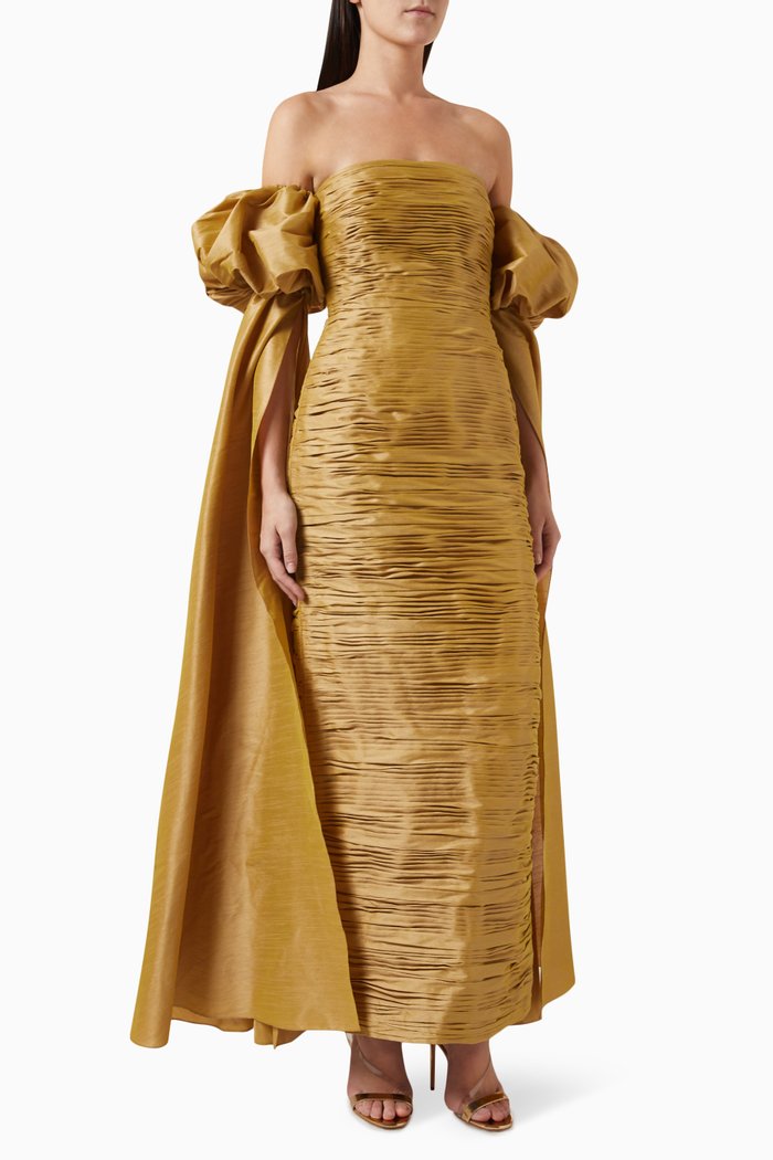 Ruched Off-shoulder Dress in Raw Silk, Gold