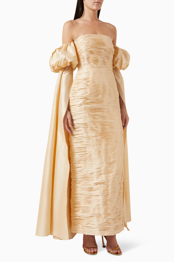 Ruched Off-shoulder Dress in Raw Silk, Pink