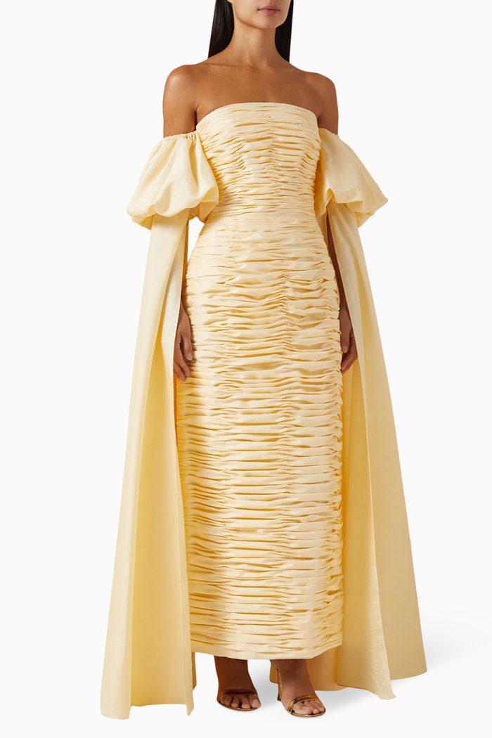Ruched Off-shoulder Dress in Raw Silk, Yellow