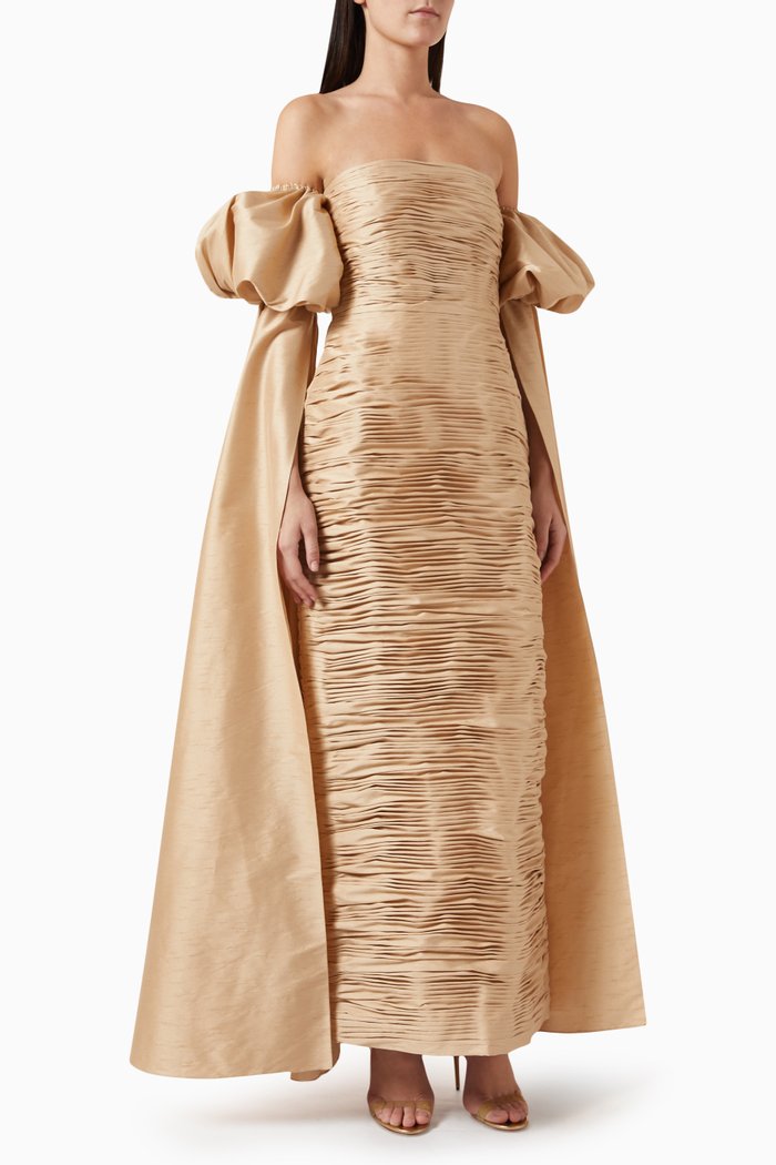 

Ruched Off-shoulder Dress in Raw Silk, Neutral
