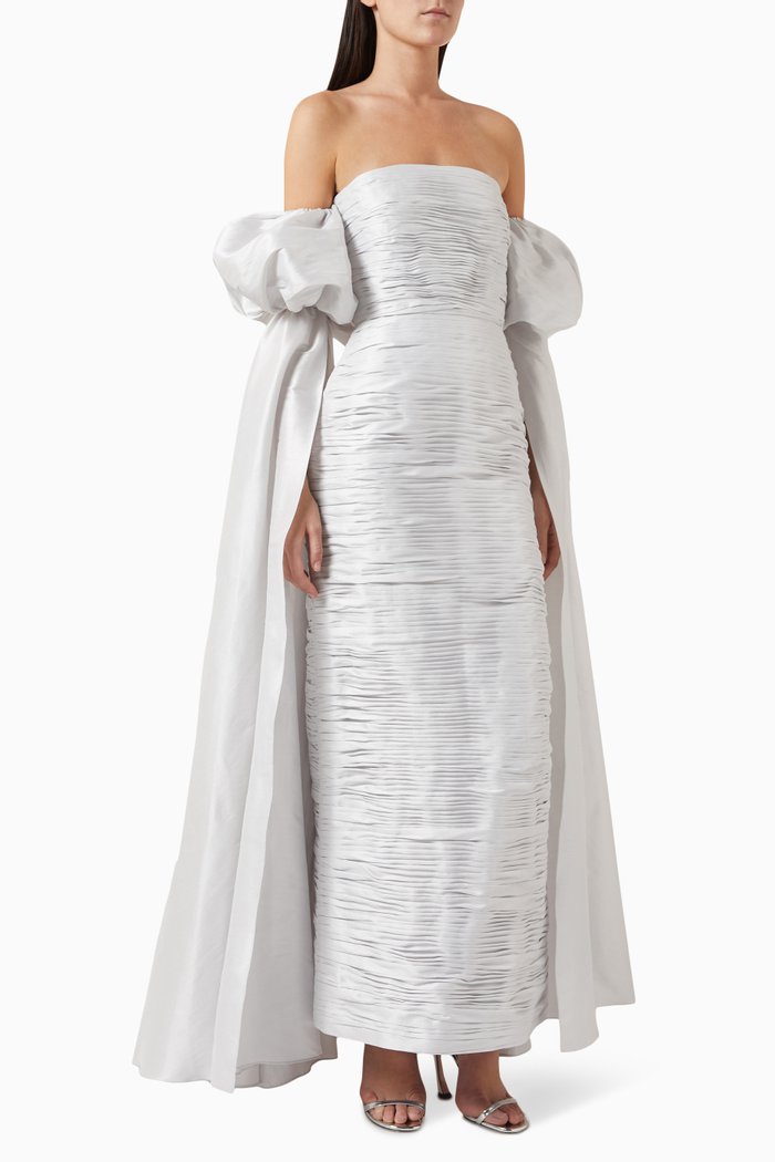 Ruched Off-shoulder Dress in Raw Silk, Silver