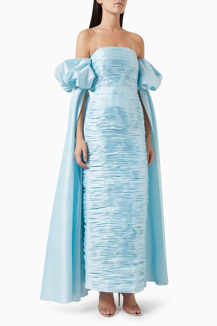 

Ruched Off-shoulder Dress in Raw Silk, Blue