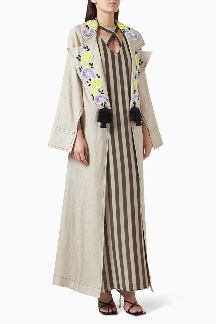 

Two-piece Hand-embroidered Kaftan Set in Cotton, Neutral