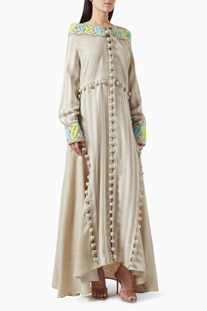 2-piece Crystal Embellished Kaftan in Cotton, Neutral
