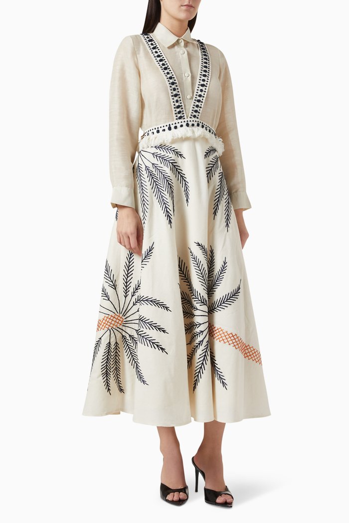 

2-piece Embroidered Kaftan in Linen, Neutral