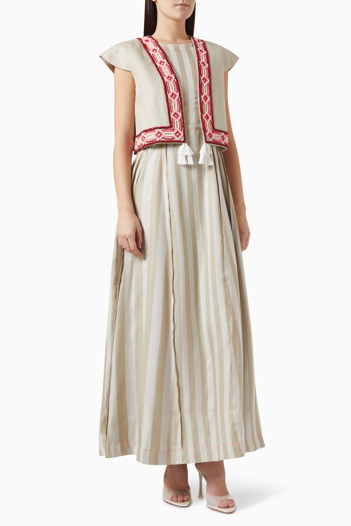 

Feather Embroidered Printed Kaftan in Linen, Neutral