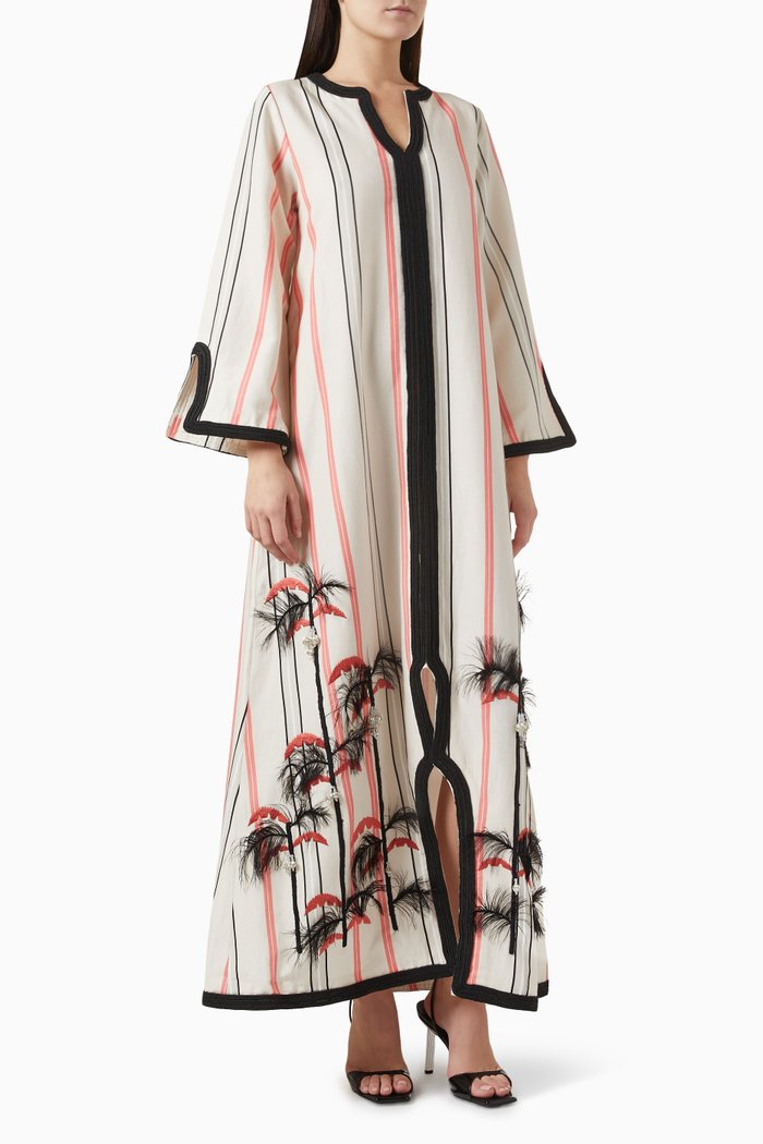 

Feather Embroidered Printed Kaftan in Linen, Neutral