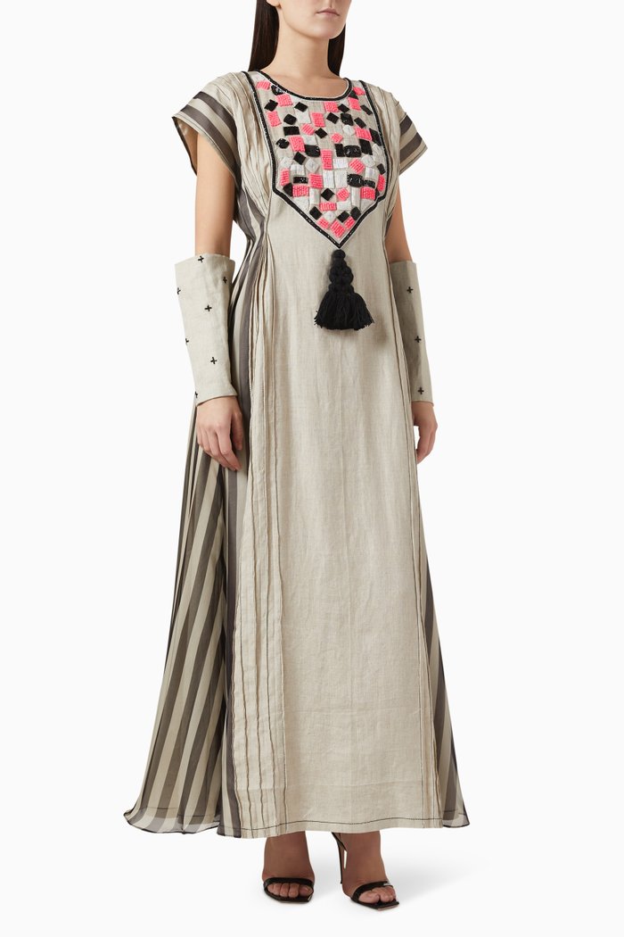 

Bead Embroidery Kaftan in Linen, Neutral