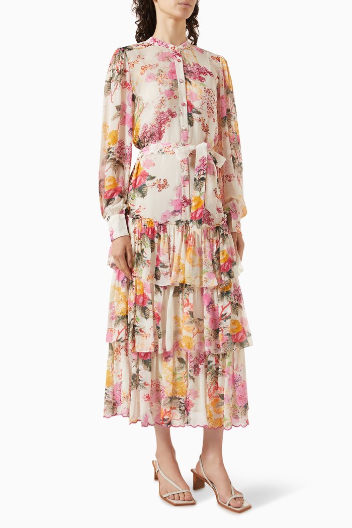 

Floral Belted Ruffled Midi Dress, White