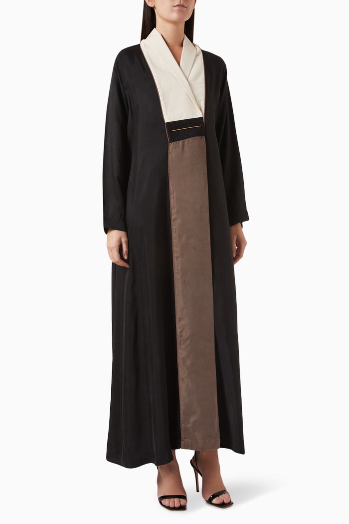 Colour-block Abaya in Silk, Black