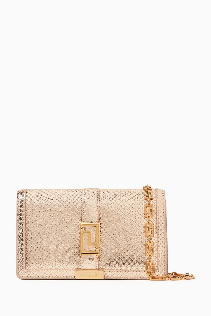 

Greca Crossbody Bag in Metallic Calf Leather, Gold
