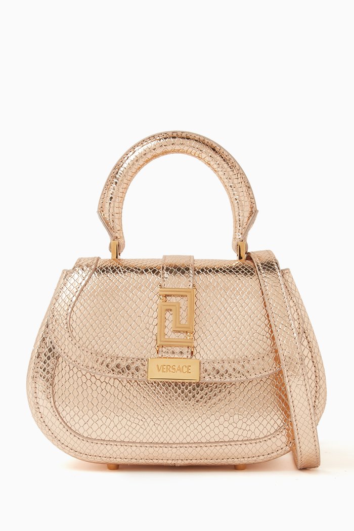

Mini Greca Goddess Bag in Metallic Calf Leather, Gold