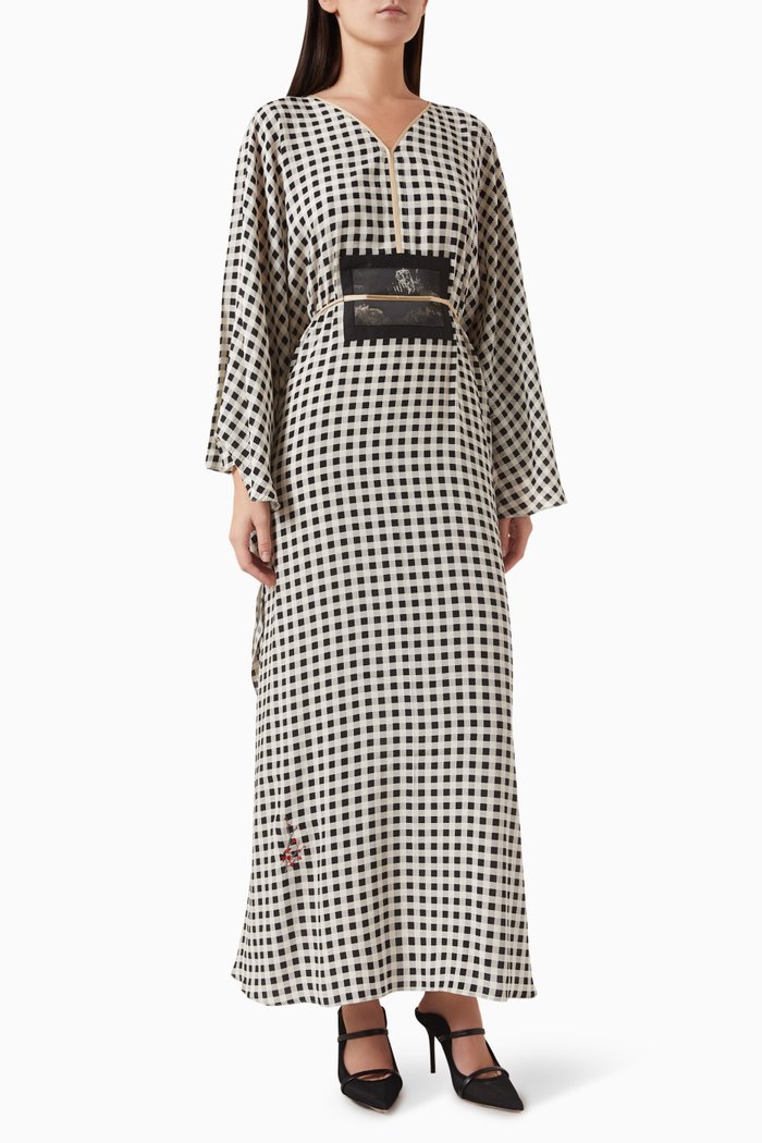 Check-print Belted Kaftan in Silk, Black