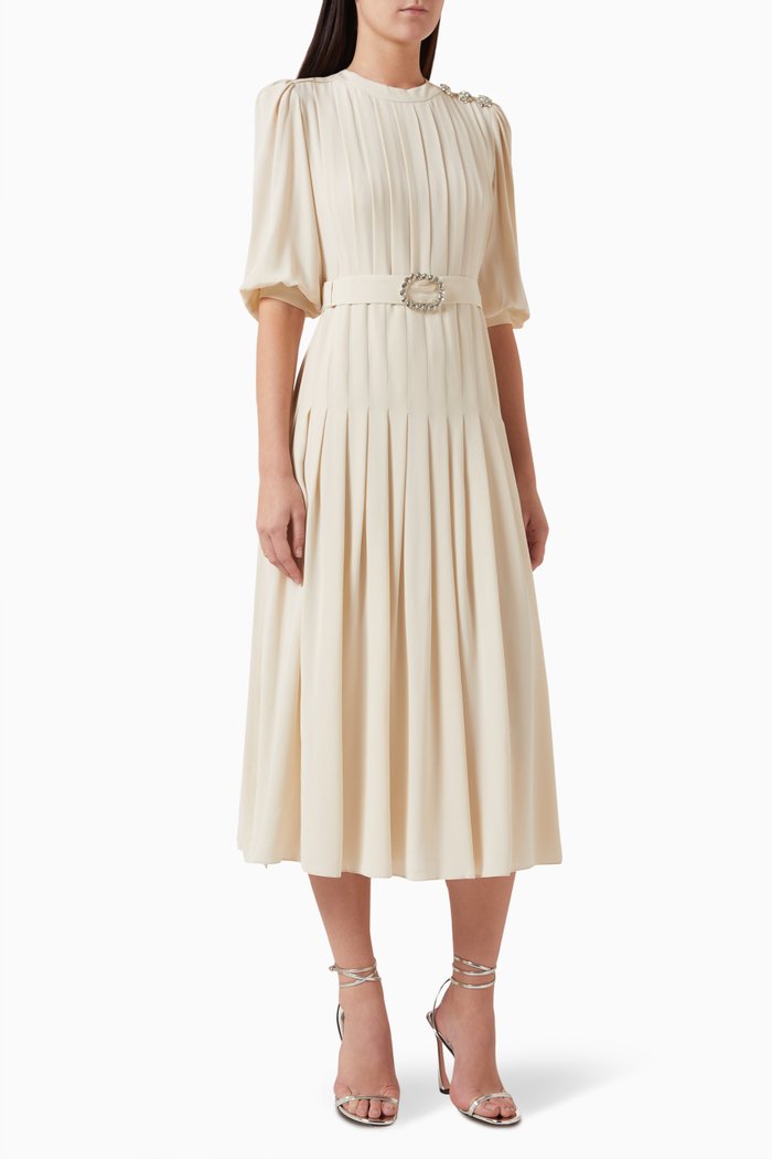 

Maya Pleated Midi Dress in Silk, Neutral