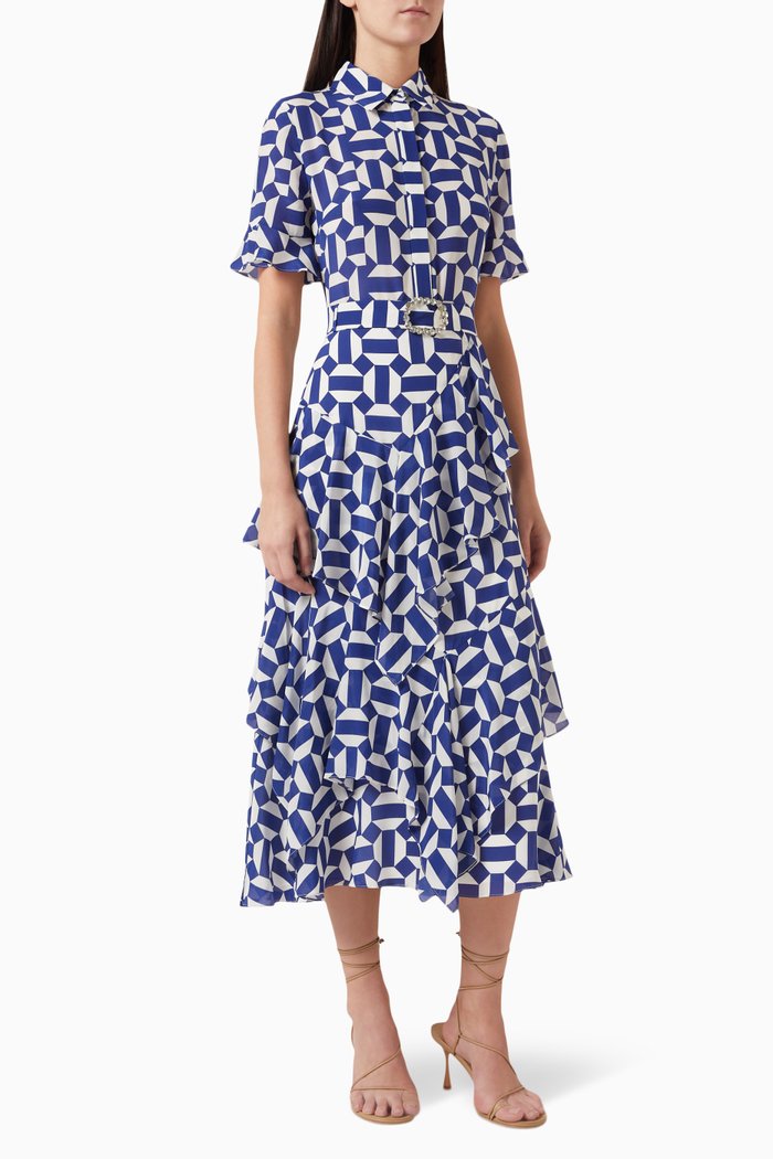 

Cora Ruffled Midi Dress in Silk, Blue