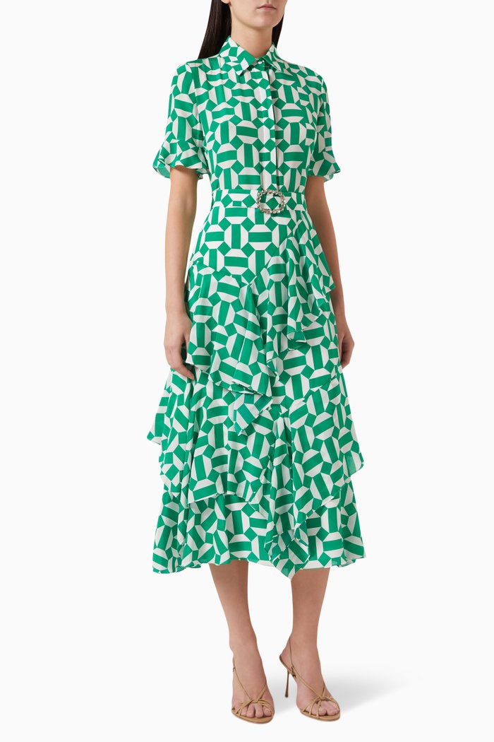 

Cora Ruffled Midi Dress in Silk, Green