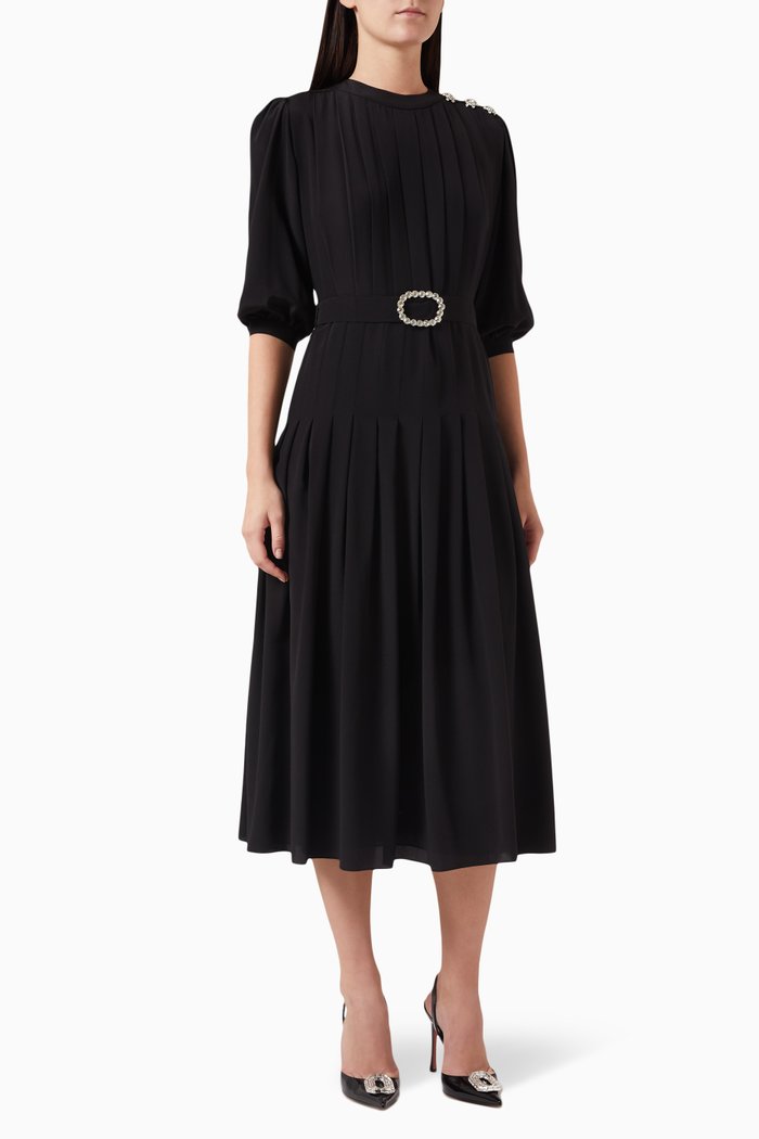 

Maya Pleated Midi Dress in Silk, Black