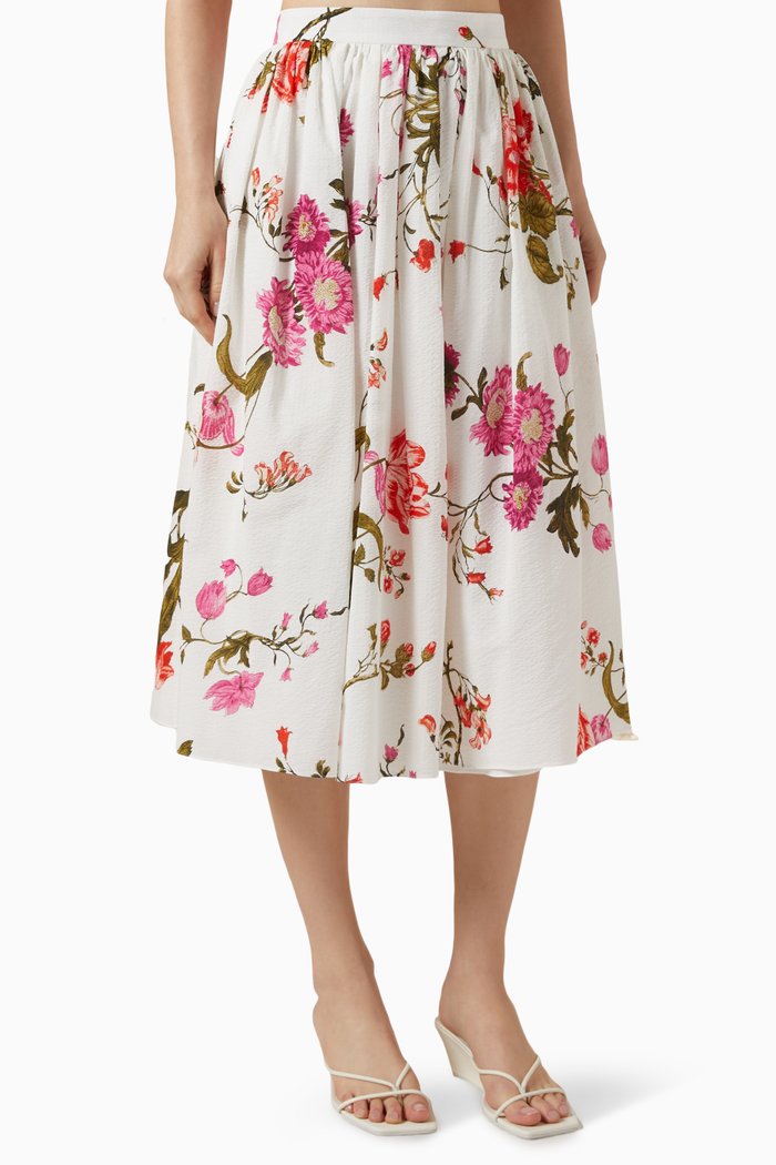 

Floral-print Volume Midi Skirt in Cotton, White