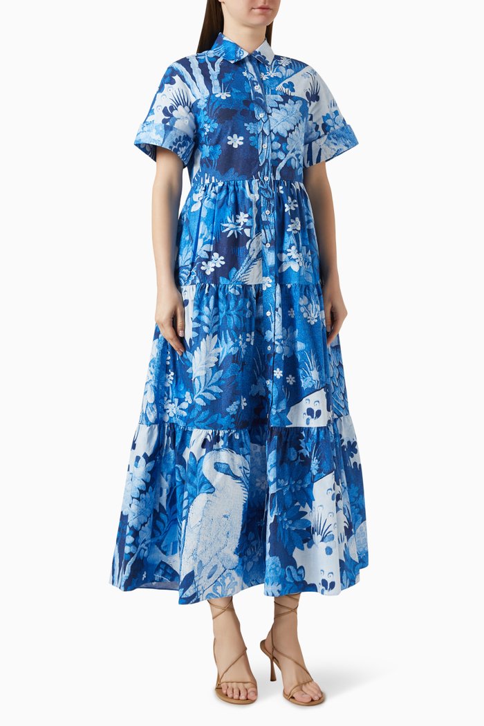 

Tiered Midi Dress in Cotton, Blue