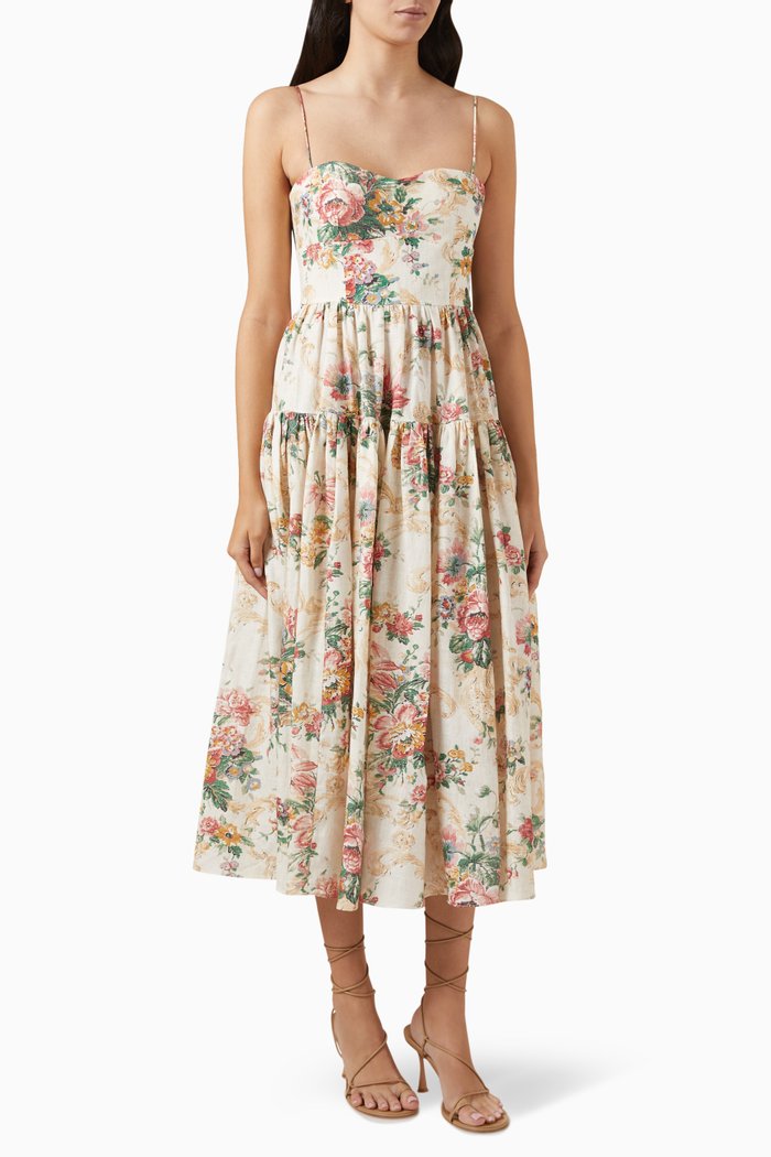 Floral-print Midi Dress in Linen, Neutral