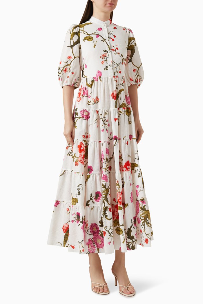 

Floral-print Tiered Dress in Cotton, White