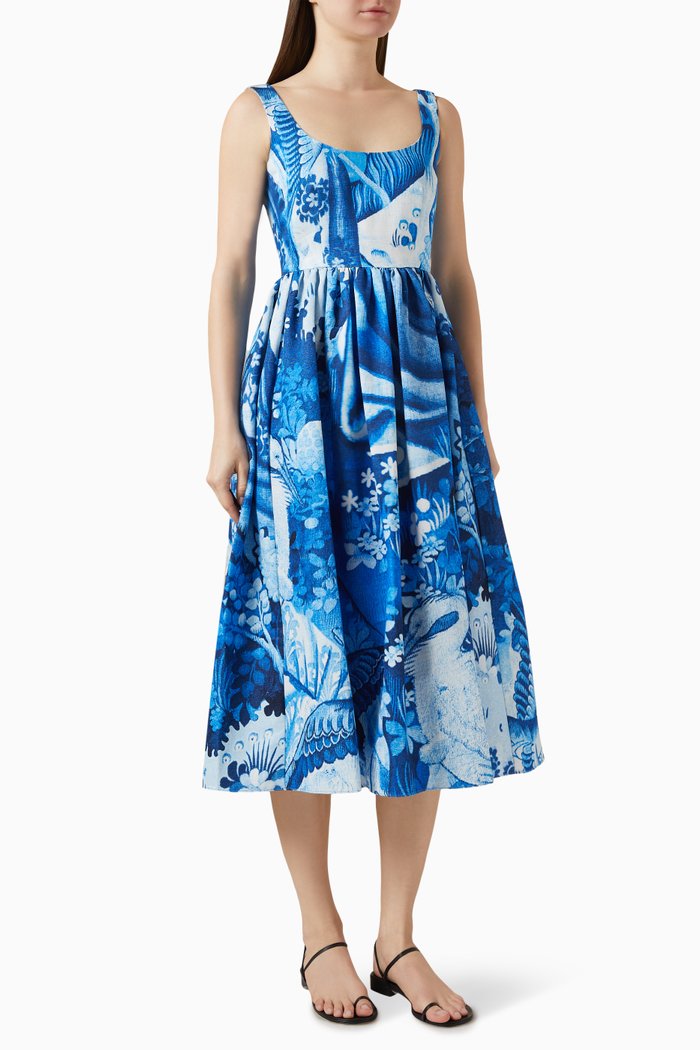 

Printed Midi Dress in Cotton-blend, Blue
