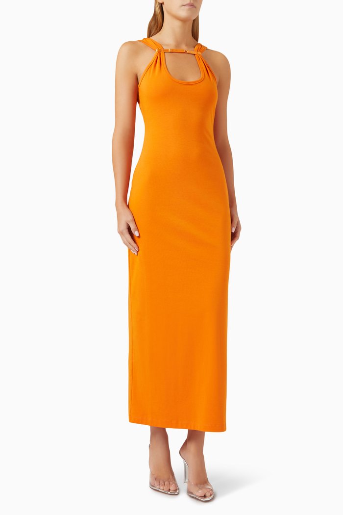 

Rib Strap Maxi Dress in Stretch Cotton Jersey, Orange