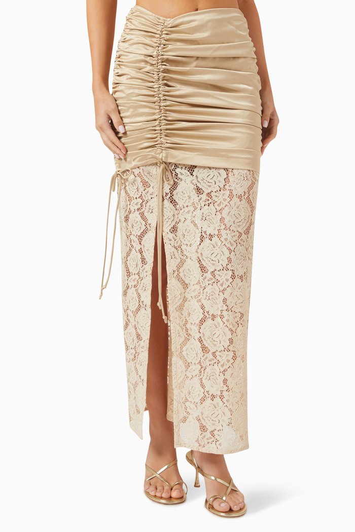 

Eleanor Midi Skirt in Sateen & Lace, Neutral