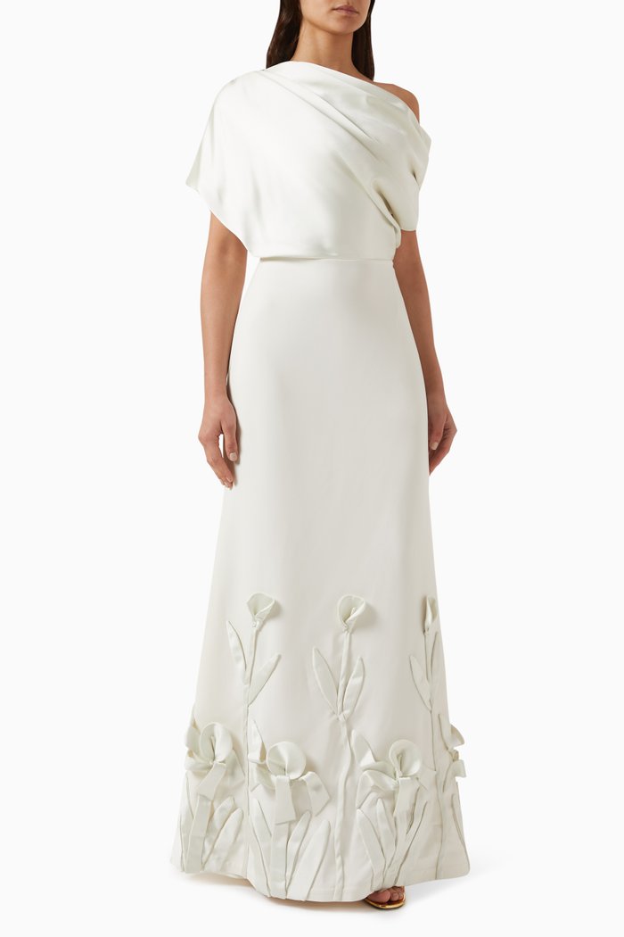 

3D Floral Appliqué Dress in Crepe, Neutral