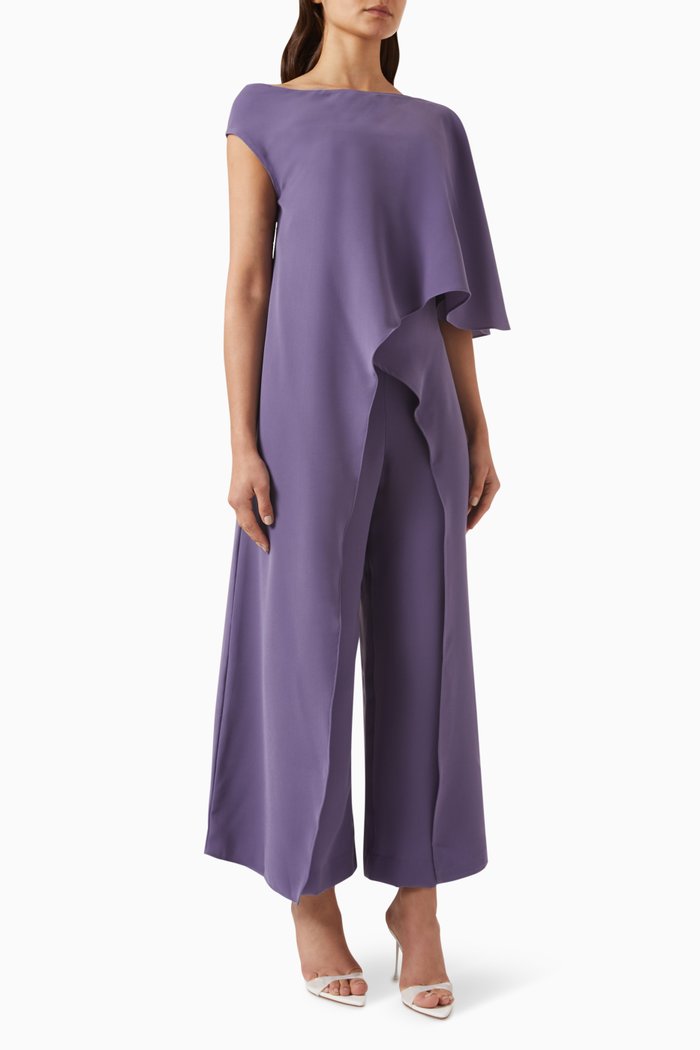 

Asymmetrical Cape Jumpsuit in Crepe, Purple