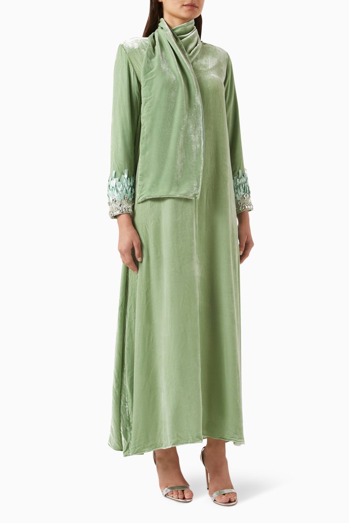 Embellished A-line Maxi Dress in Velvet, Green
