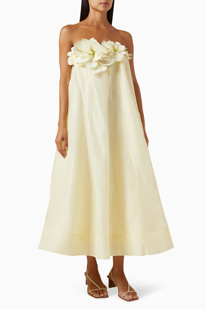 

Harmony Strapless Midi Dress in Linen, Yellow
