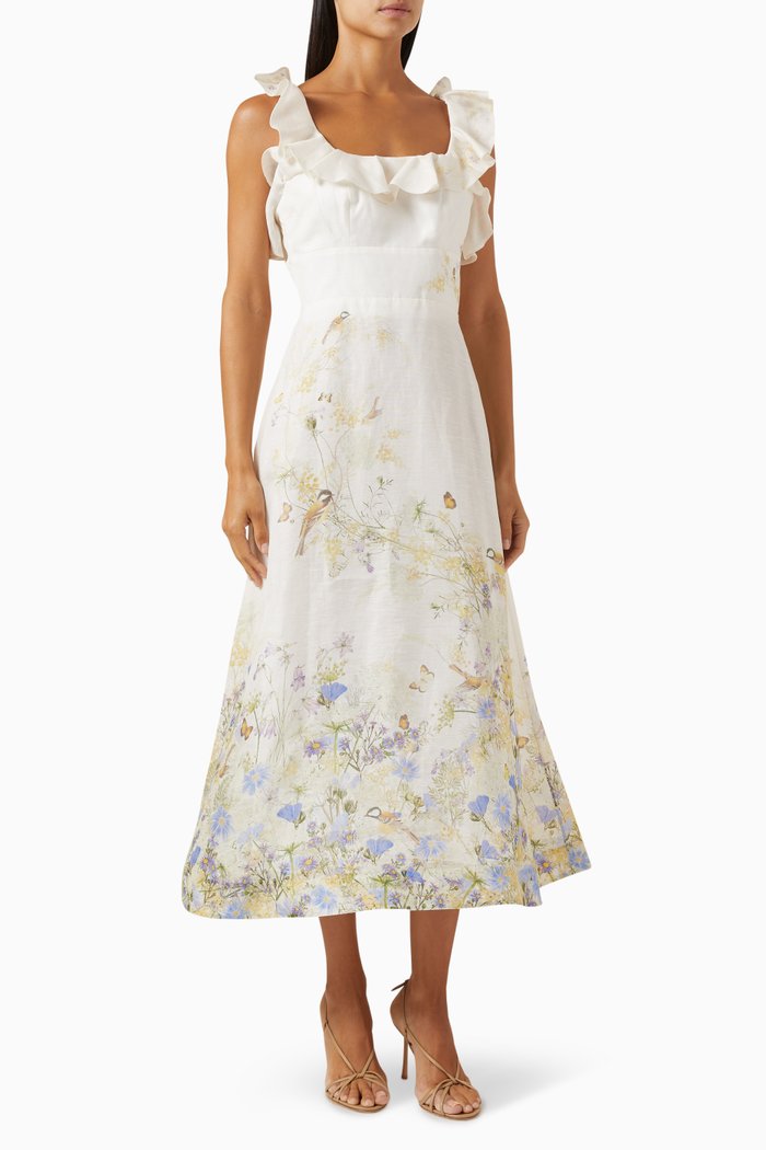 

Harmony Frilled Midi Dress in Linen, Multicolour