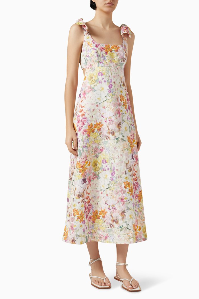 

Harmony Tie Shoulder Midi Dress in Linen, Multicolour