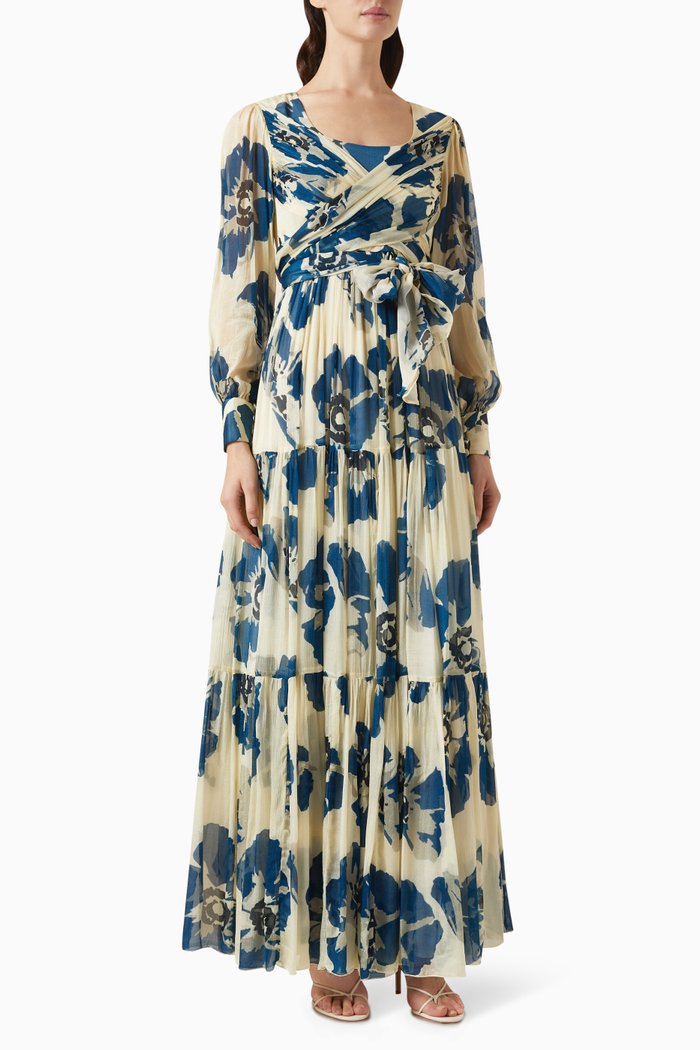 

Floral Wrap Dress in Crinkled Chiffon, Blue