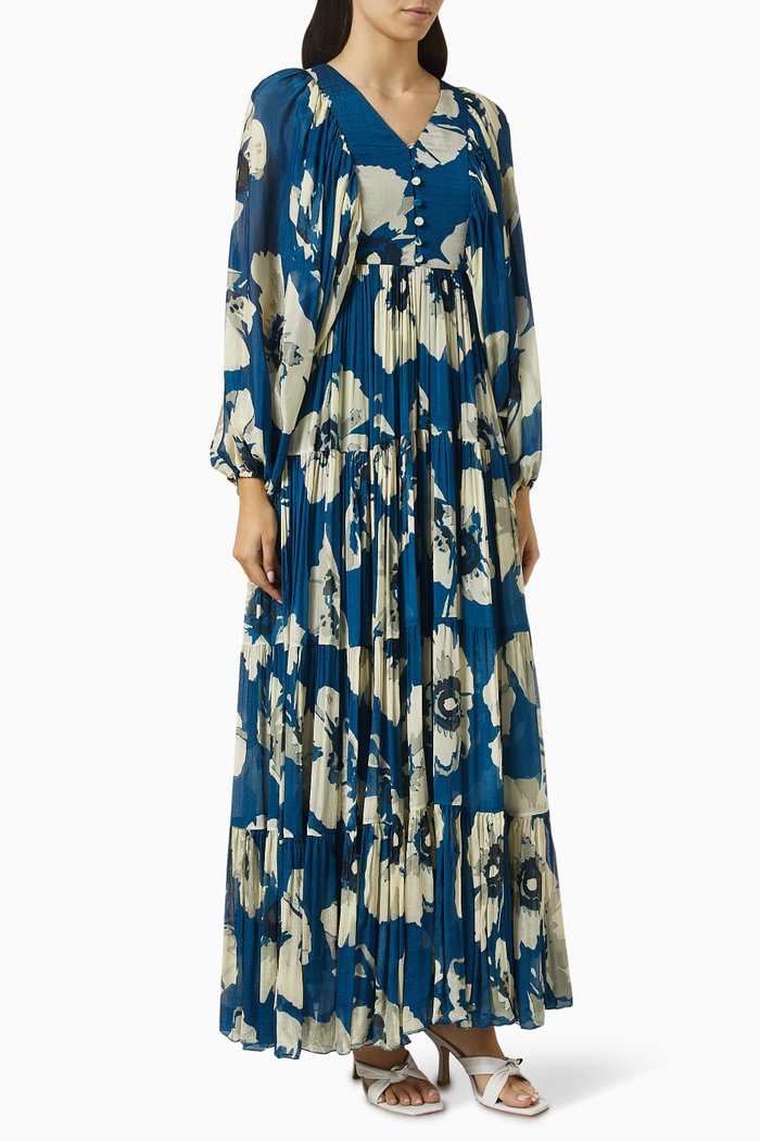 Floral Balloon-sleeve Jumpsuit in Chiffon, Blue