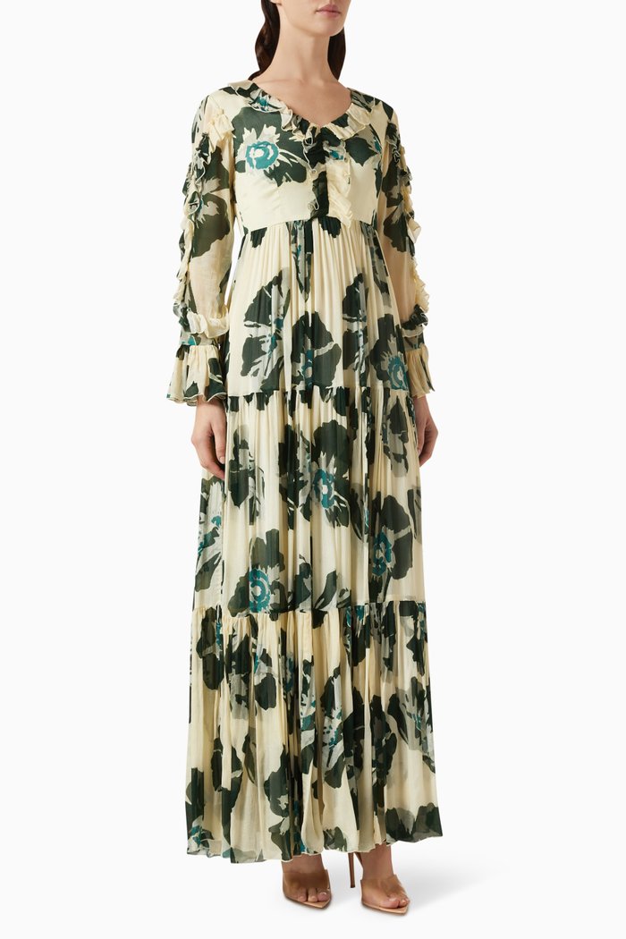 

Floral Frill Dress in Chiffon, Green