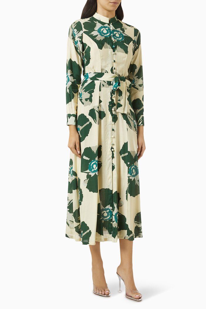 

Floral Shirt Dress in Muslin, Green