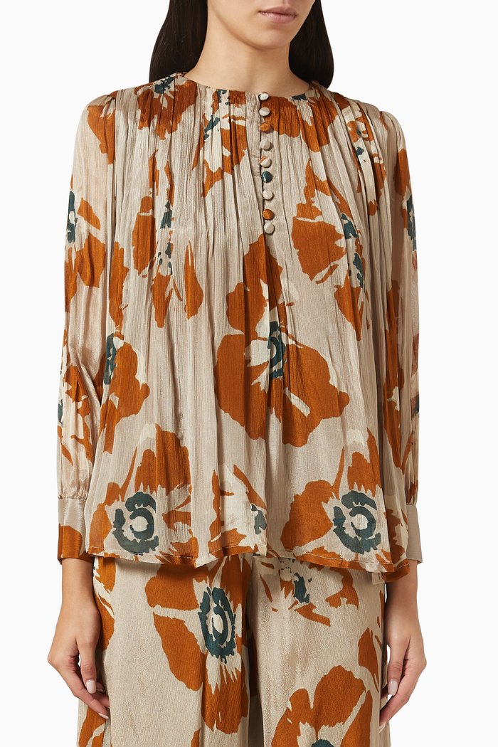 

Floral Top in Pleated Chiffon, Brown